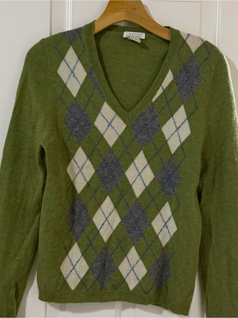 Tweeds Green Argyle V-Neck Women's Sweater 100% 2 ply  cashmere  Lg